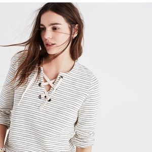 Madewell XS Striped Lace Up Boxy Fit Nautical Vibe Top Soft Terry Cotton Cream